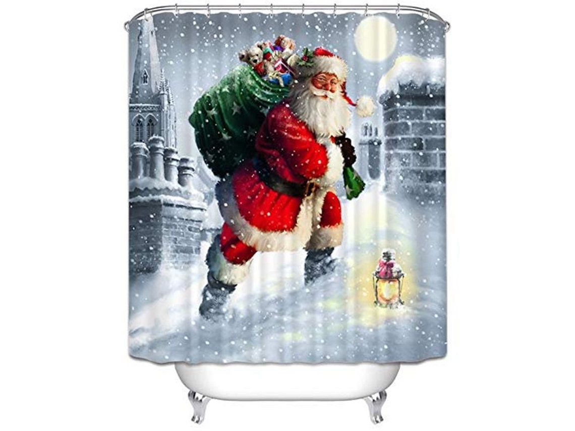 2026 cortina de Ducha Navideña Linjou de Poliéster Impermeable Con Santa, 180x180cm, Lavable a Máquina