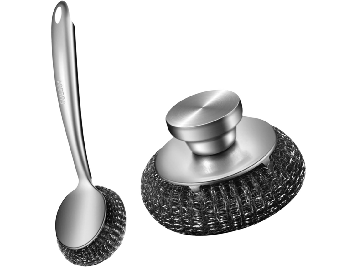 Conjunto De 2 Escovas Limpeza Lã Aço Com Cabo Ergonômico E Escova Metal Para Tarefas Na Cozinha