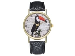 Relógio de pulso analógico com design de pássaro fofo e pulseira de PU para mulheres e homens (preto)