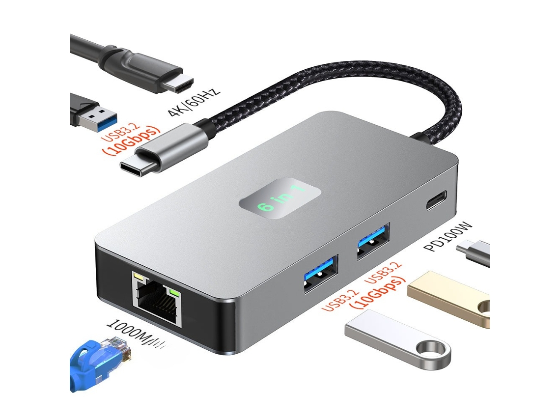 Hub Usb C 6 Em 1 – 100w Pd, Gigabit Ethernet, 4k60hz Para Portátil/telemóvel/tablet Hexinyigjly