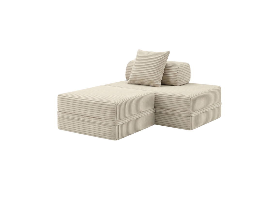 Sofá Modular 2 Lugares + Puff Convertível Veludo Listado Bege SKOFFA