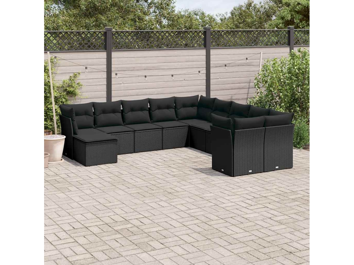 Vidaxl 11 Pcs Conjunto Sofás De Jardim C/ Almofadões Vime Pe Preto