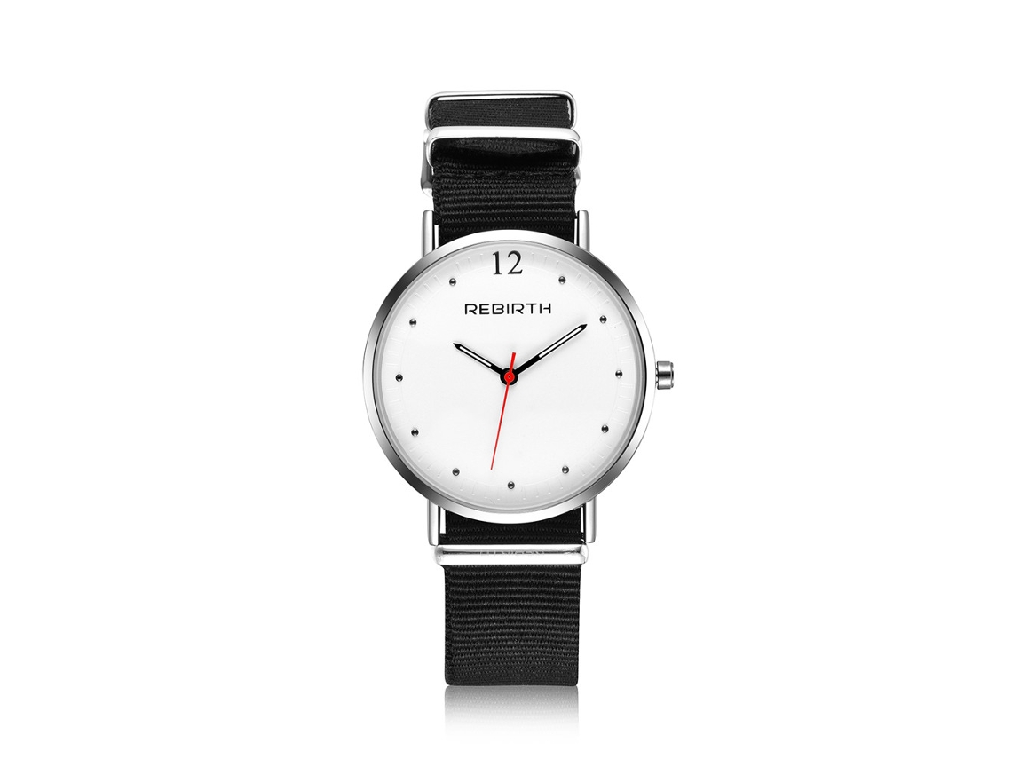 Relógio de pulso unissex Rebirth, quartzo à prova d'água, mostrador redondo, pulseira de tecido Oxford (preto e branco)