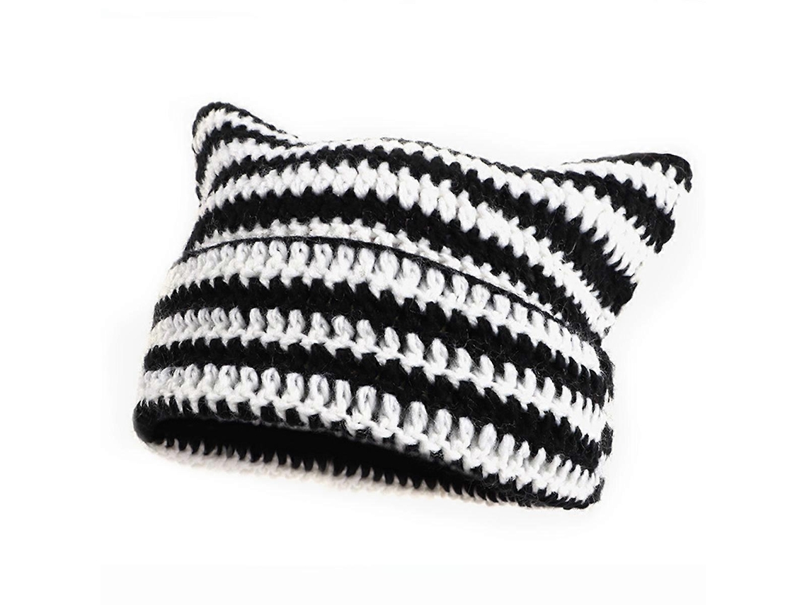 Gorro Feminino De Crochê Com Orelhas De Gato E Raposa, Listras E Algodão Macio Para Um Visual Divertido. Nostalgia88