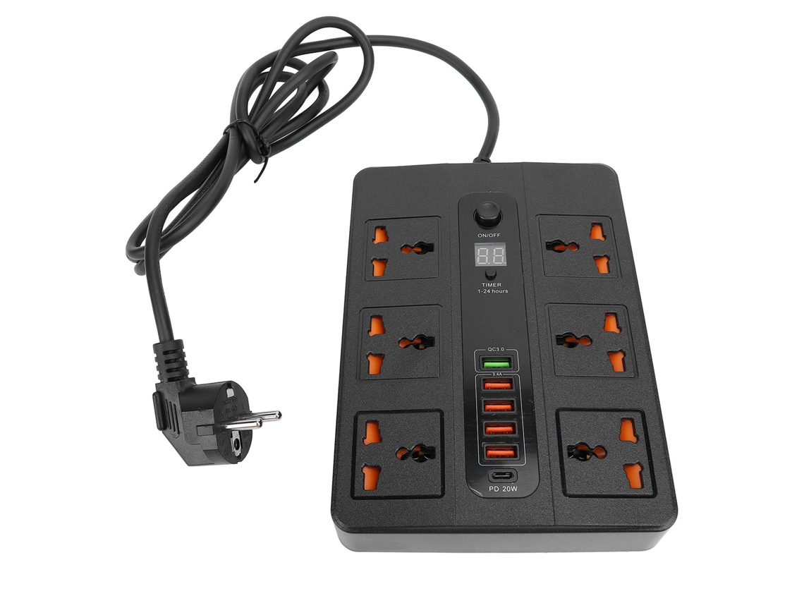 2026-regleta De Potencia 3000w 6 Tomacorrientes 5 Puertos Usb Pd20w Qc3.0 Con Temporizador Y Pantalla
