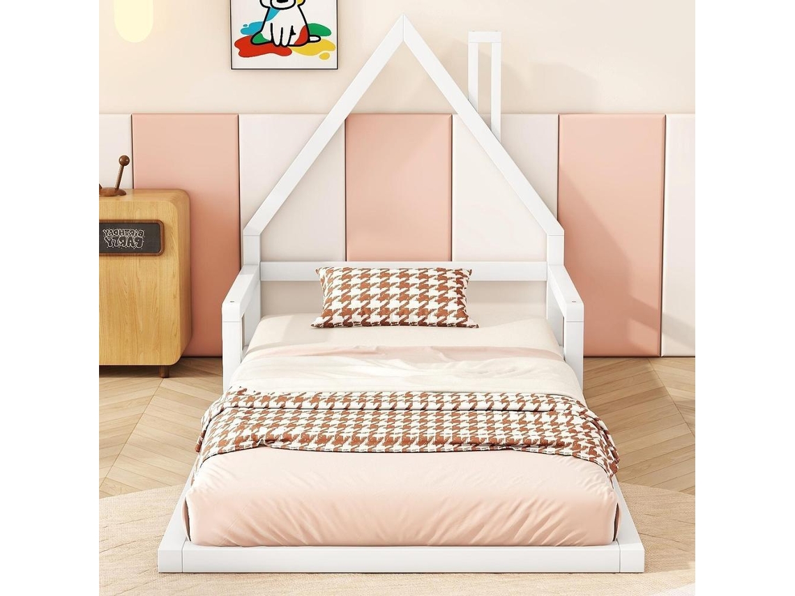 Cama Infantil 90x200 Cm, Cama Em Pinho Maciço, Design Simples E Robusto, Branco