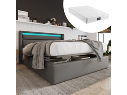Cama hidráulica com luz LED, arrumação e faixa, estrutura de cama de casal, cama trançada, 160x200cm, cama funcional, lona (colchão incluído).