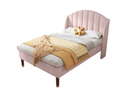 Cama Estofada rosa 90x200 com estrado de ripas e cabeceira, para quarto juvenil, fácil montagem, veludo PAPRIKA