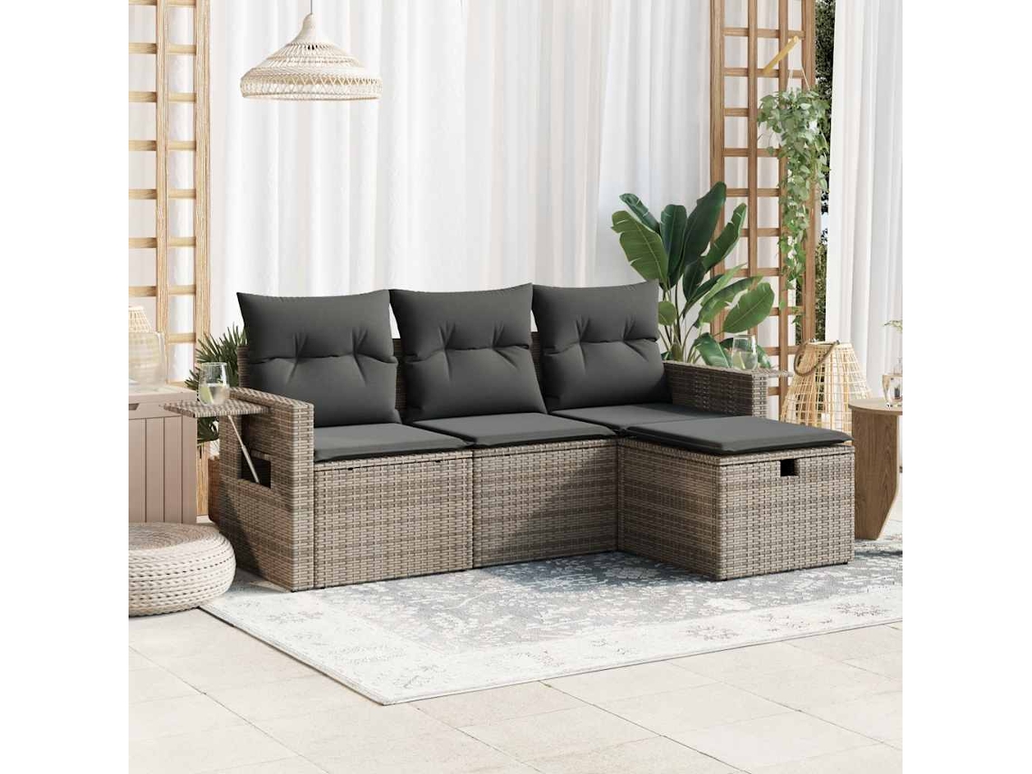 4 Pcs Conjunto Sofás De Jardim C/ Almofadões Vime Pe Cinzento Lovely Home