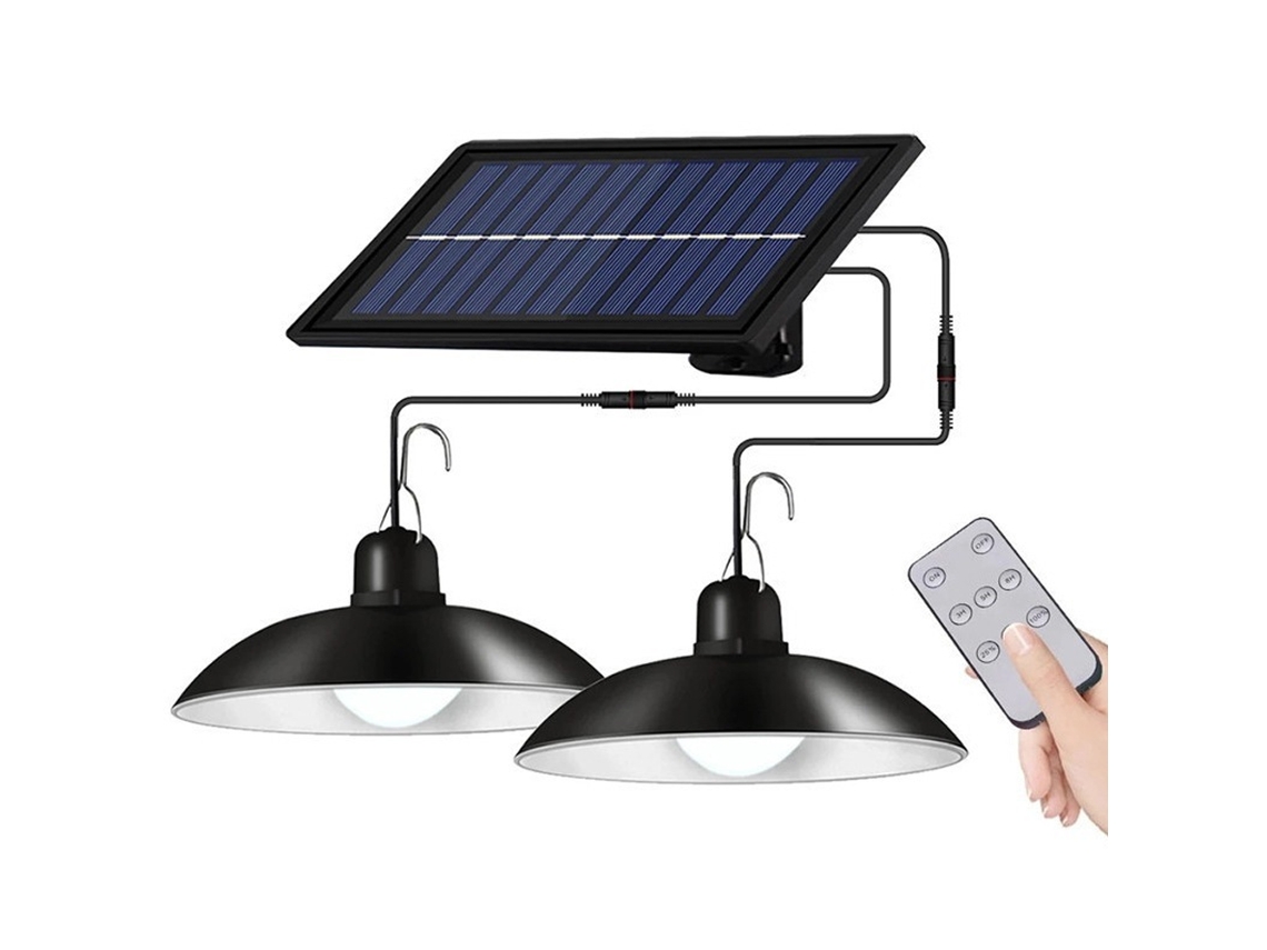 Luminária solar externa suspensa Brilvibera com duas cabeças, ideal para galpões, com controle remoto.