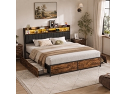 Cama 180x200 Cm Com Cabeceira E Iluminação Led, 4 Gavetas Com Rodas, Estrutura De Madeira E Metal, Cama De Casal Para Quarto, Castanho