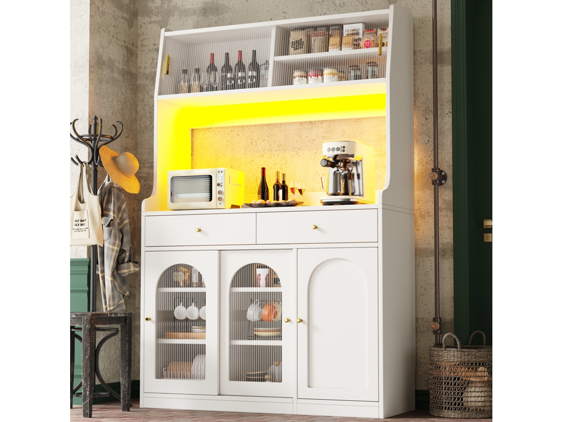 Küchenschrank 140×40×175cm, Hochschrank, Vitrine, 2 Schubladen, Led, Variável Lichtfarben-hm