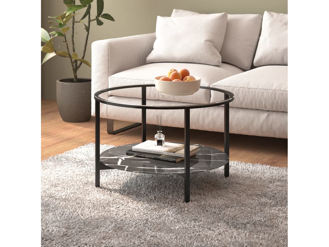 Vidaxl Mesa De Centro 70 Cm Vidro Temperado Preto E Preto Mármore
