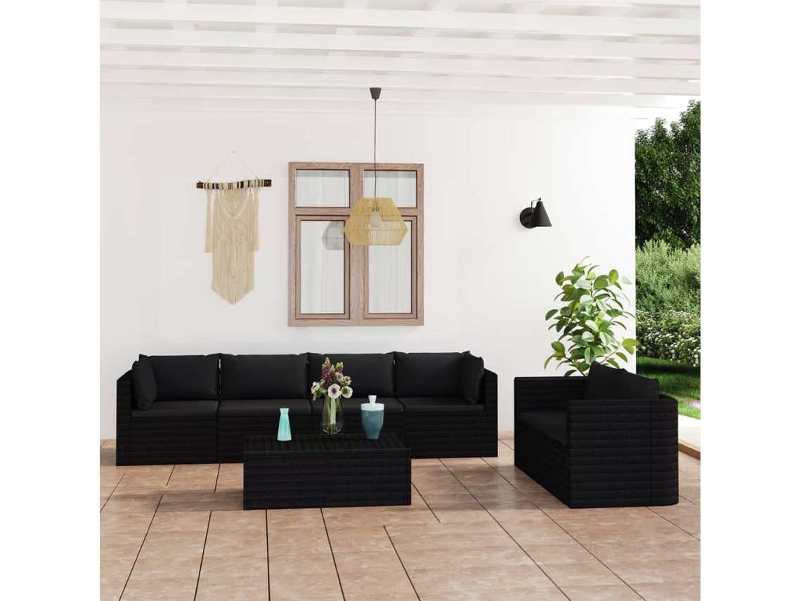 7 Pcs Conjunto Lounge De Jardim C/ Almofadões Vime Pe Preto Dkd Home Decor