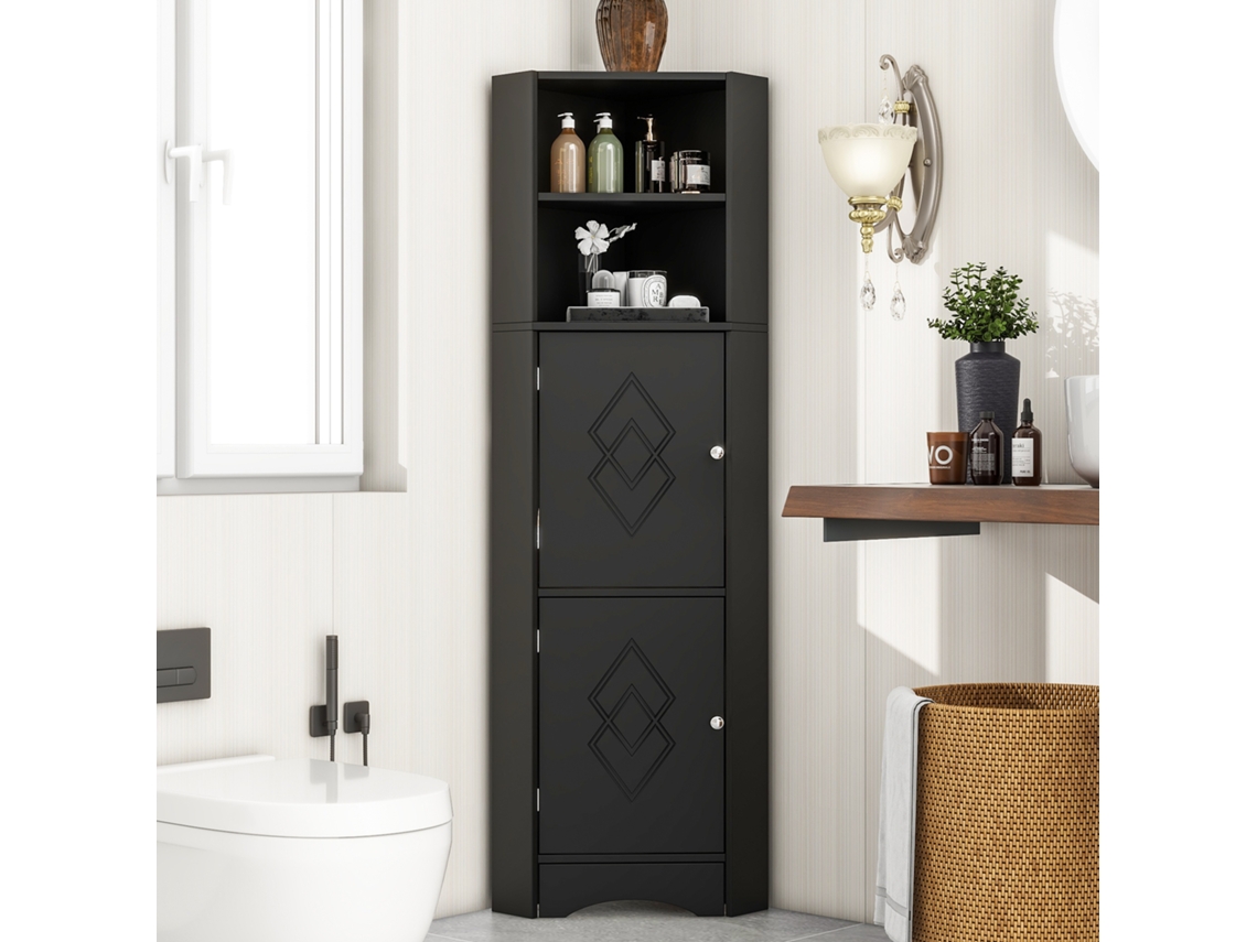 Coluna De Canto Para Casa De Banho 2 Compartimentos Abertos E 2 Portas Prateleiras Ajustáveis Preto Estilo