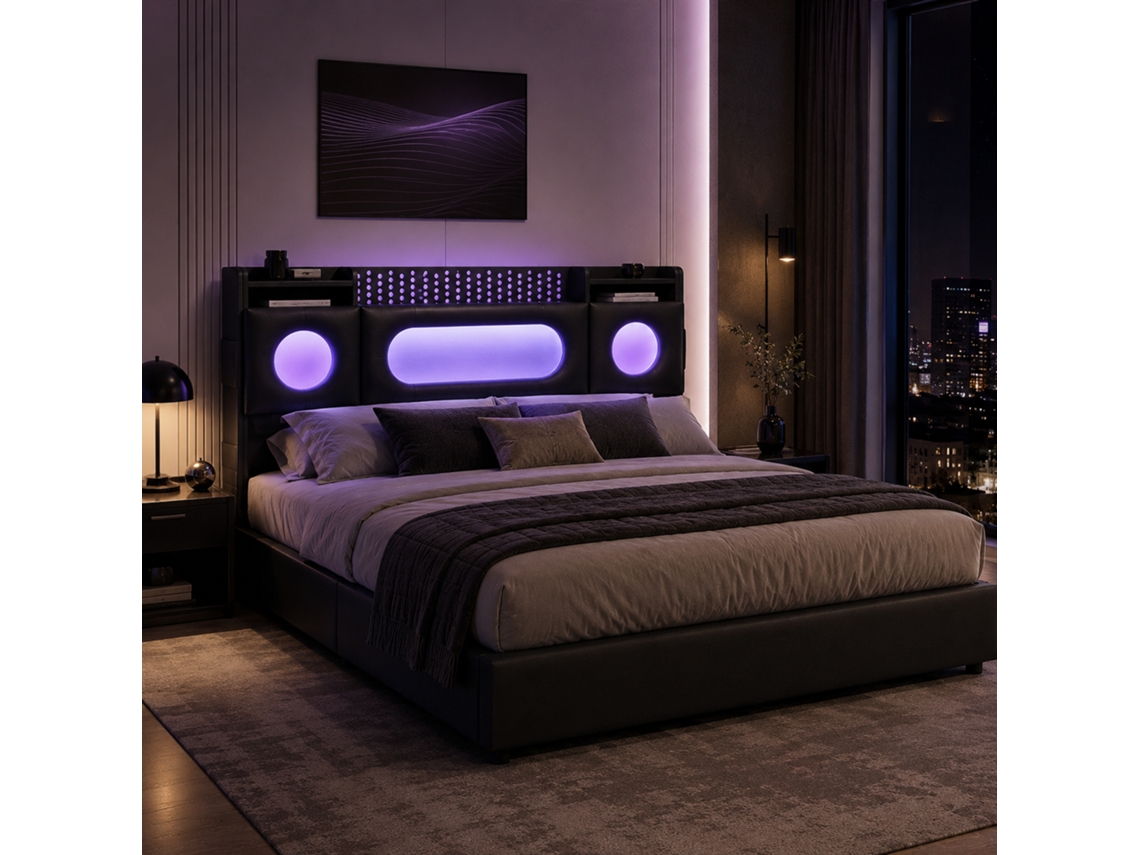 Cama Hidráulica 140x200 cm com LED e USB, Cama Baú com Arrumação na Cabeceira, Cama de Casal Estofada com Janela em Acrílico, Preto PU