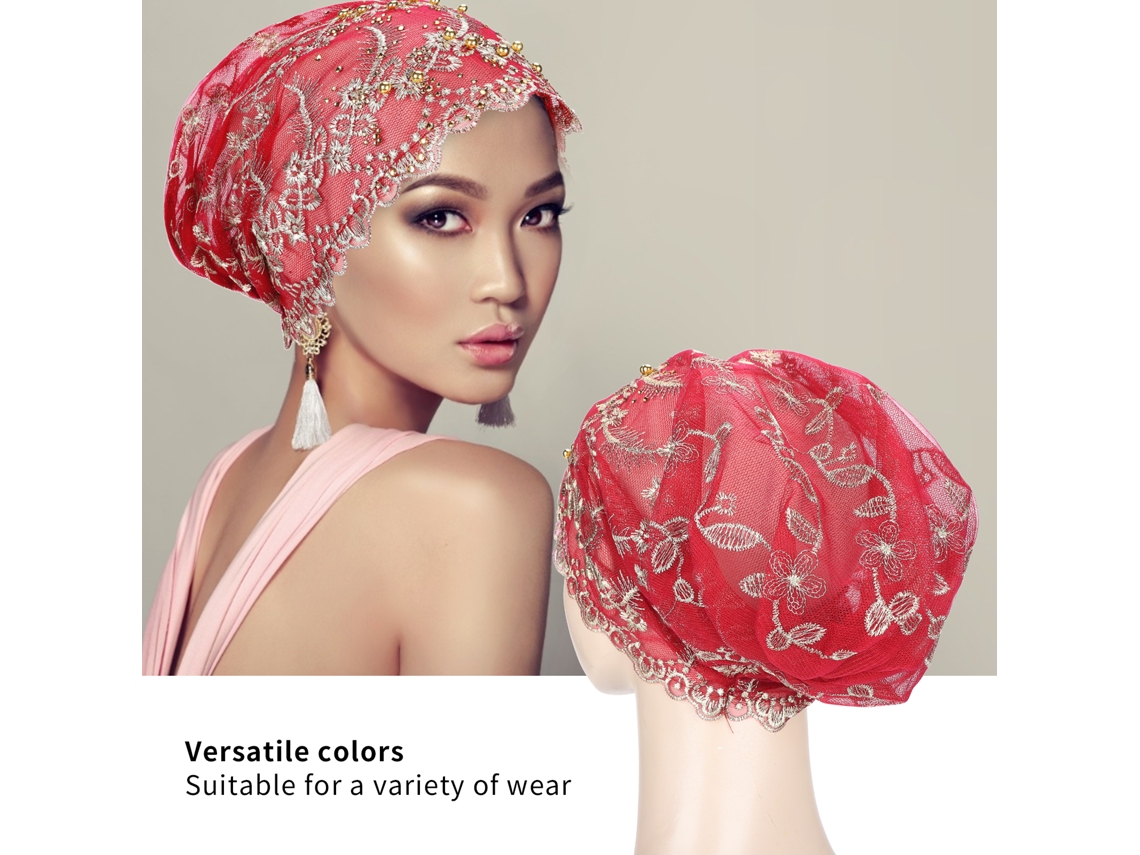 Turban Head Wraps Boné de Turbante Embroider Feather European Retro para Mulheres Vinho Tinto