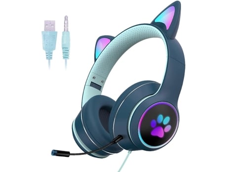 Auscultadores Led com fio Cat microfone para jogos com cancelamento de ruído e Rgb azul claro Usb +