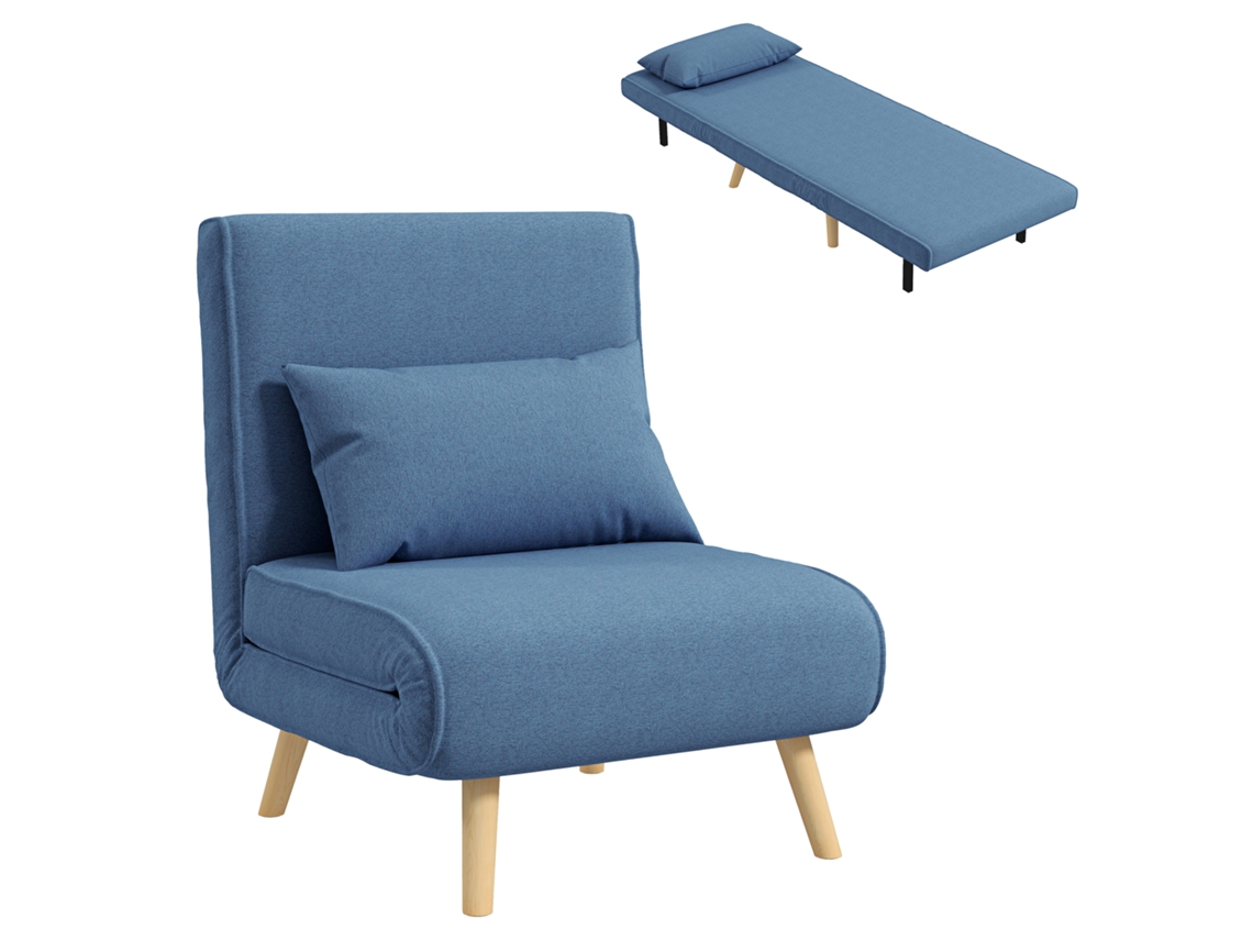 Poltrona/cama Conversível 3 Em 1, Cadeira Individual Com Encosto Em 5 Posições, Estofamento Em Tecido Com Almofada, Azul
