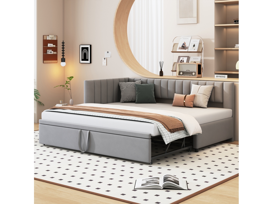 Sofá Cama Multifuncional Veludo Cinza 90/180x200cm Camada Extra