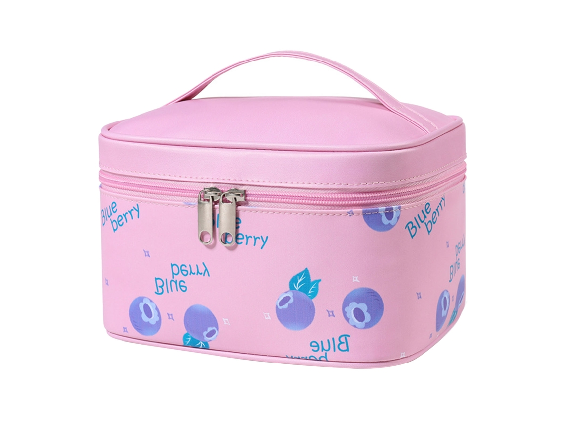 Bolsa de maquiagem de couro Pu resistente à água com padrão de frutas portátil para viagem rosa S/MARCA