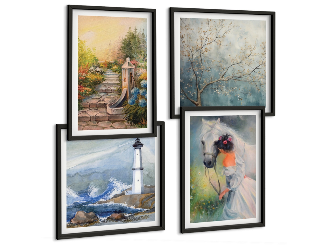 Composição De Quadros Paisagens Abstratas Flores Espelharte (4 Peças)