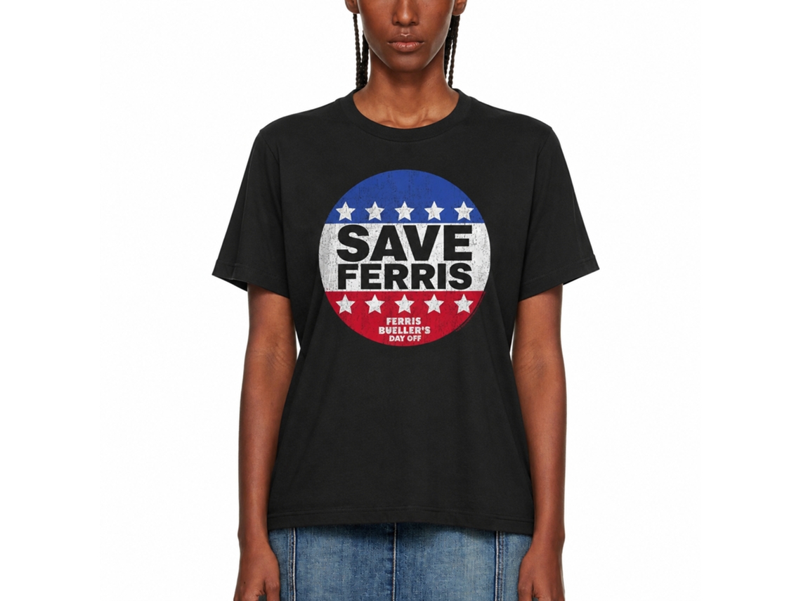 Rockinstone Ferris Bueller's Day Off Save Ferris Button Black Adult T-shirt Size:xl