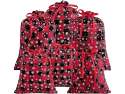 Conjunto De 6 Sacolas De Presente Natalinas Em Algodão Com Estampa Xadrez Búfalo E Flocos De Neve.