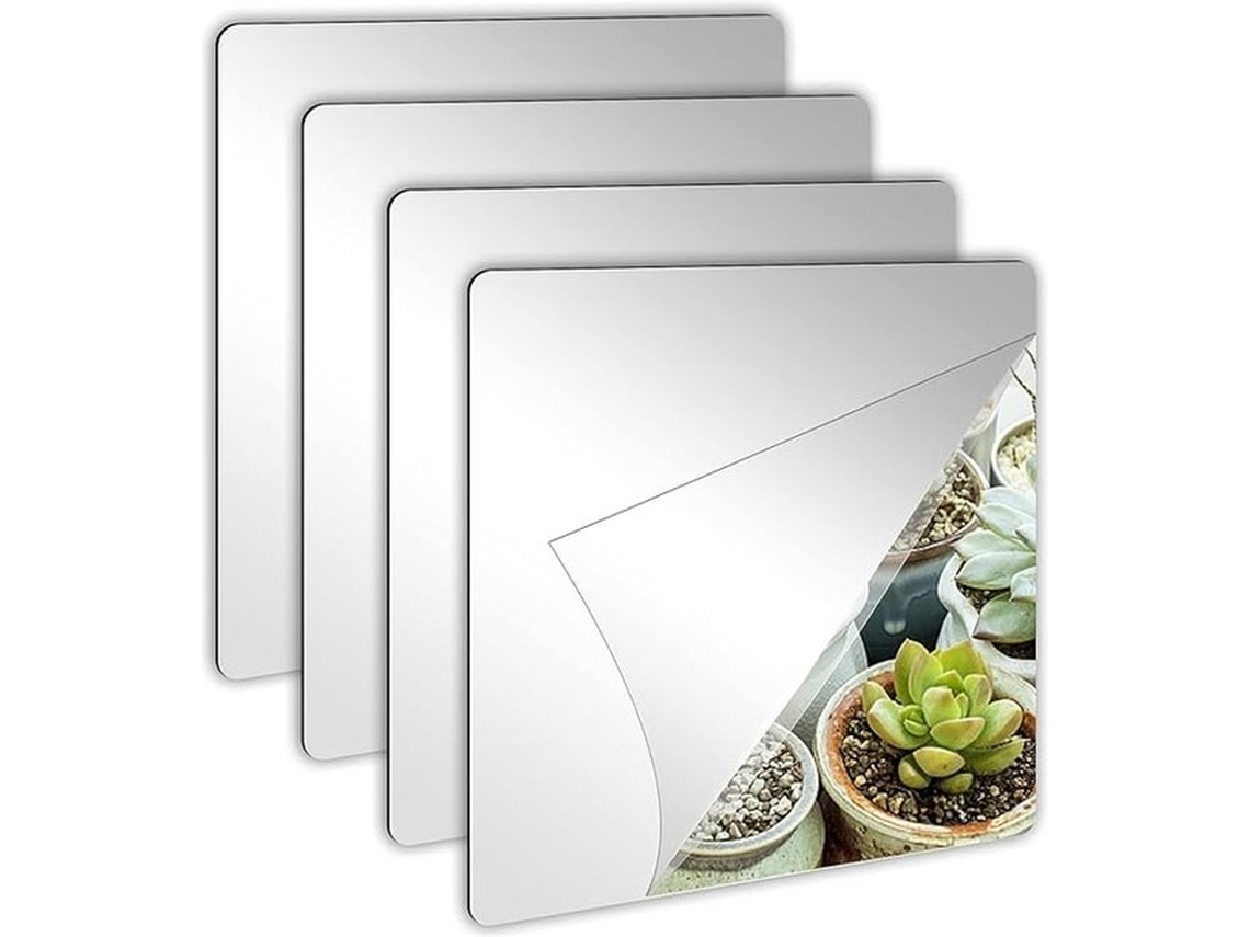 4 Autocolantes Espelho - Acrílico - Prata - 20x20 Cm - Autoadesivos - Para Parede
