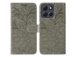 Capa Tipo Carteira De Couro Pu Com Estampa De Flores De Renda Para Motorola Moto G86 5g, Cinza