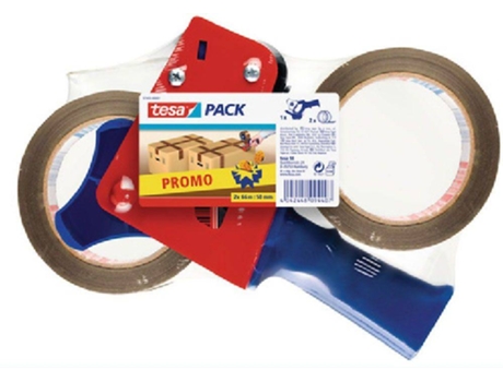 Pack Promocional de Fita de Embalagem incluindo Dispensador Manual de Fita Azul e Vermelho + PP Fita de Embalagem Castanha 2 Rolos de 50 mm x 60 m