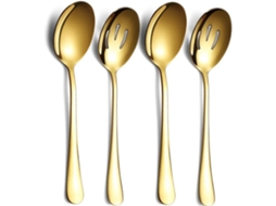 Conjunto de utensílios de aço inoxidável com 4 peças coloridas: 2 colheres e 2 espátulas.