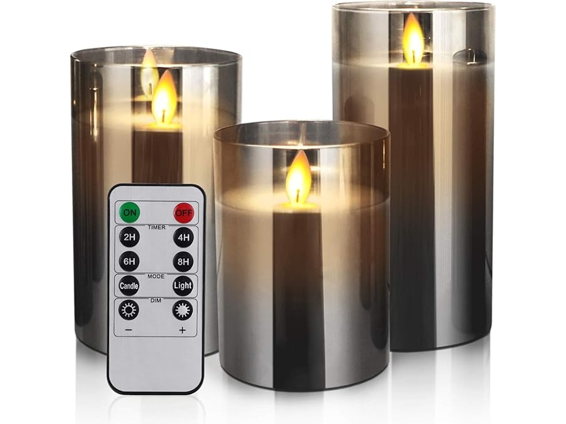 Vela Elétrica Led ZYBLSSBB 3 peças com controle remoto para Decoração de Natal cinza