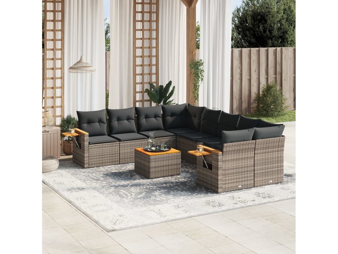 Vidaxl 9 Pcs Conjunto Sofás P/ Jardim Com Almofadões Vime Pe Cinzento