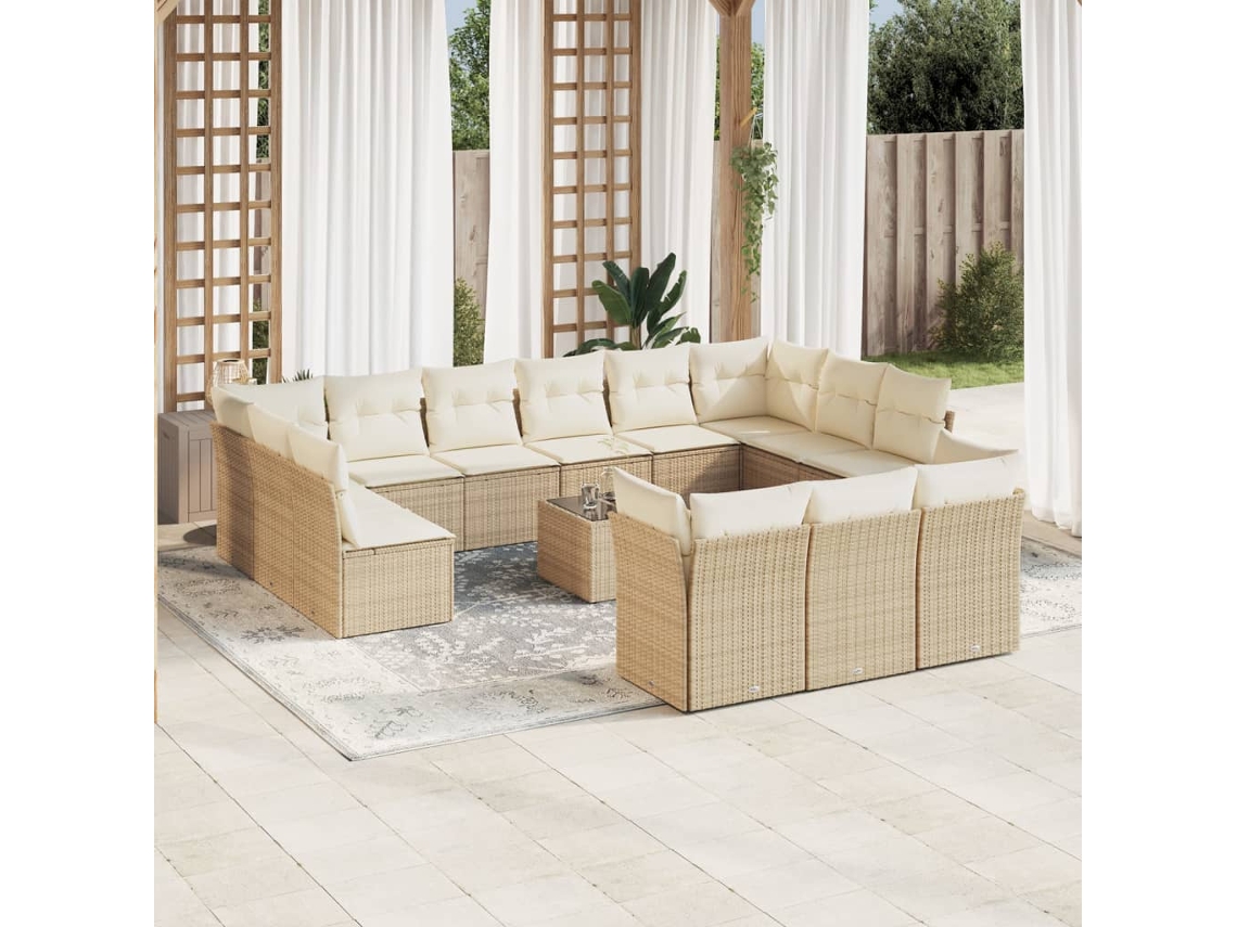 Vidaxl 14 Pcs Conjunto De Sofás P/ Jardim Com Almofadões Vime Pe Bege