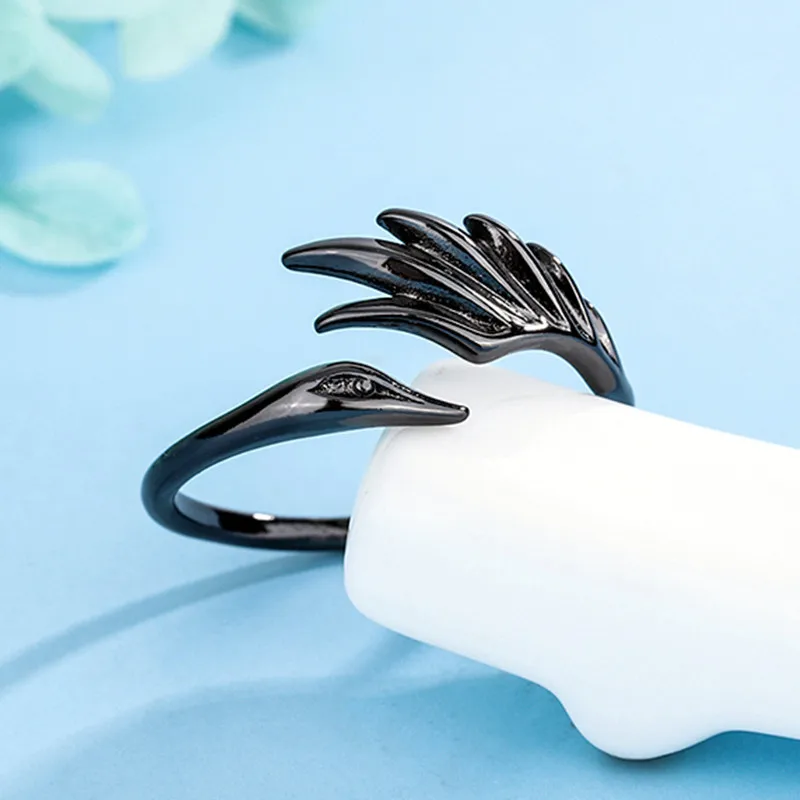 Anéis de Casal Anjo e Demônio, Anel Vintage com Pena de Asa de Cisne Preta e Prateada MDUG (masculinos)