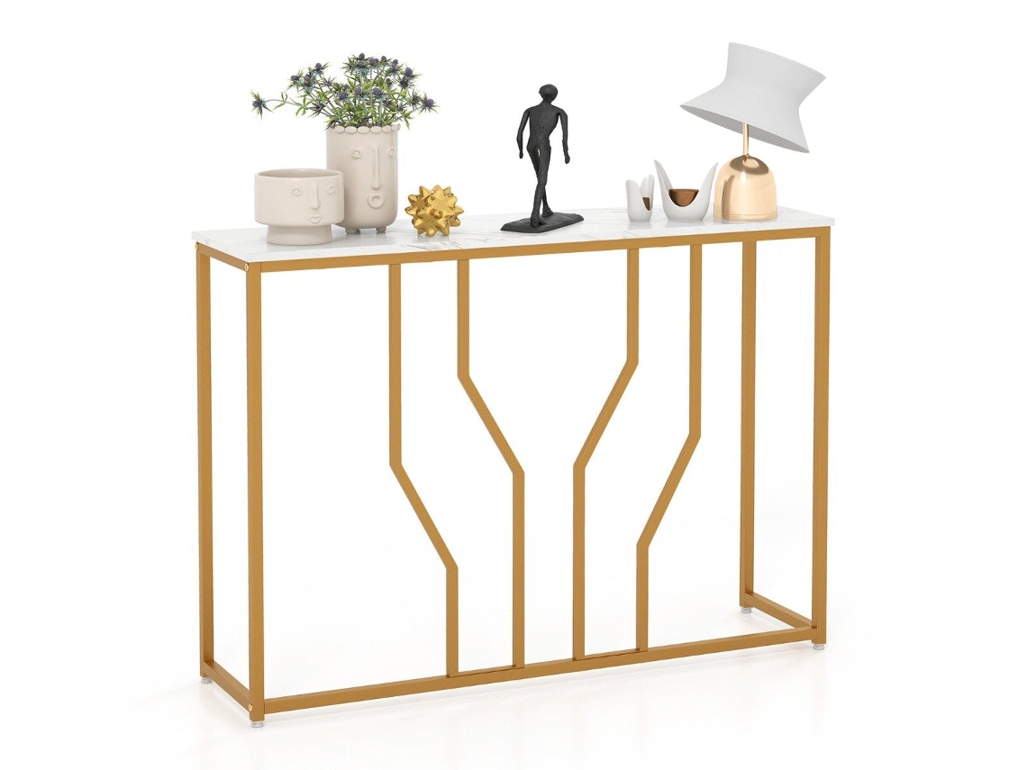 Mesa Consola com Estrutura Metálica Geométrica, 110 X 30 X 80 Cm, Dourado e Branco B2X