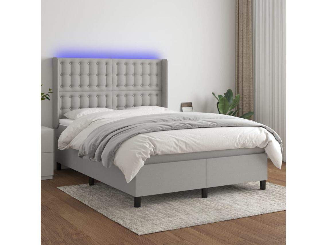 Vidaxl Cama Box Spring C/ Colchão E Led 140x200 Cm Tecido Cinza-claro