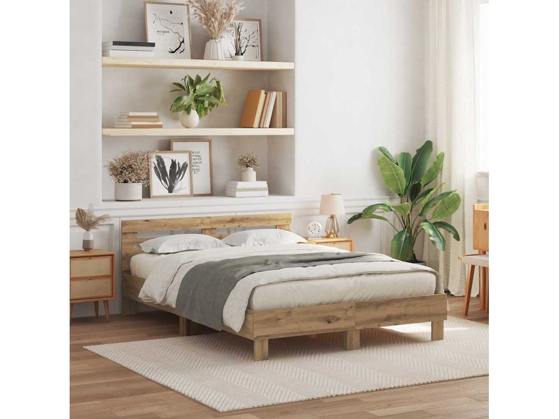 Vidaxl Estrutura Da Cama Com Fitas Led Carvalho Artesanal 140 X 190 Cm