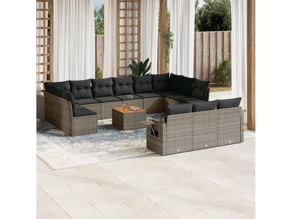 Vidaxl 14 Pcs Conjunto Sofás P/ Jardim C/ Almofadões Vime Pe Cinzento