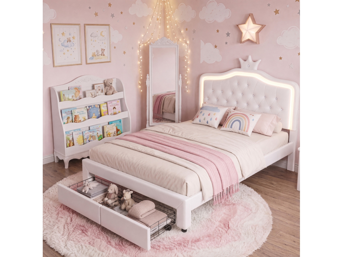 Cama Estofada De 140 X 200 Cm Com Luzes Led E Gavetas, Cama De Casal, Cama De Criança Em Forma De Coroa, Pu, ​​sem Colchão