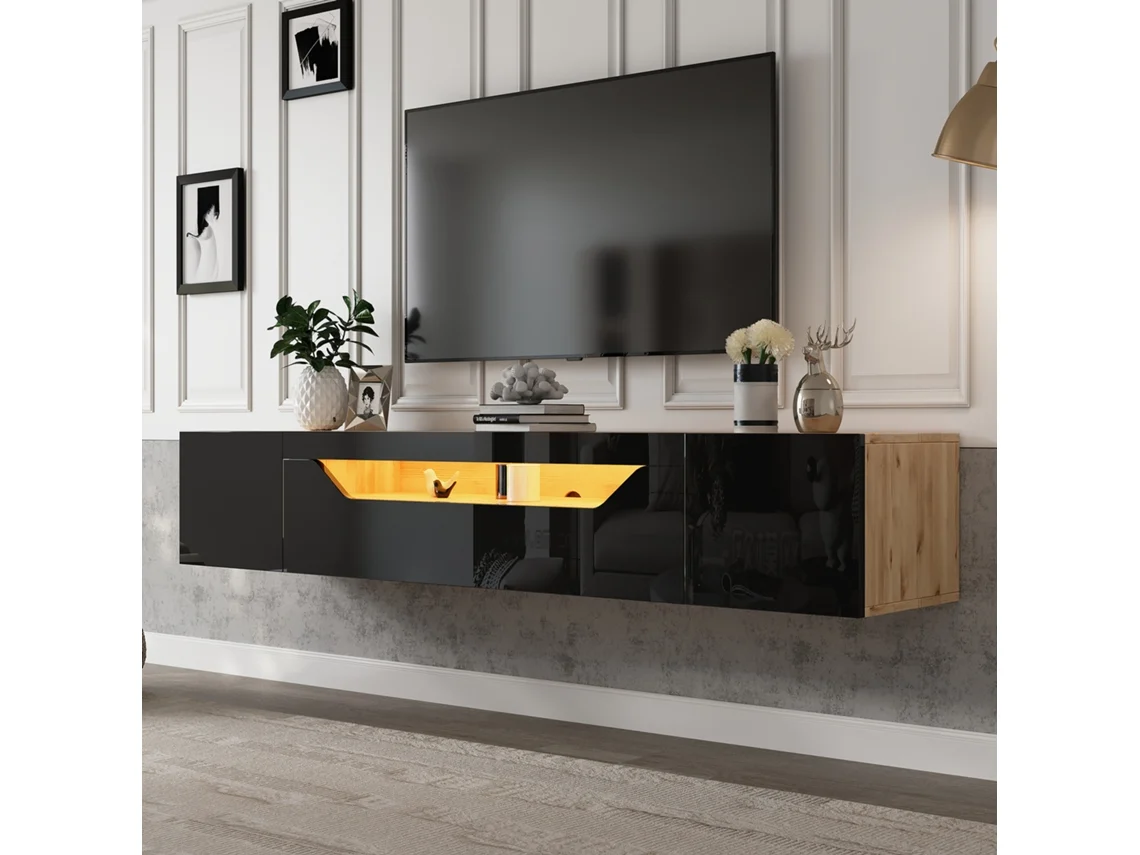 Móvel De Tv De Parede Suspenso Com Led, 180 X 37 X 36 Cm, 3 Compartimentos, Preto E Madeira, Até 75 Polegadas