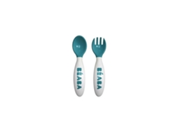 Conjunto De 2 Talheres Ergonômicos 2ª Idade Beaba Windy Blue Colher E Garfo Azul 8 Meses Bebê