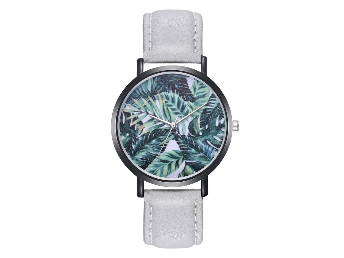 Relógio de pulso de quartzo com pulseira de PU para homens e mulheres, mostrador redondo, estampa de folhas cinza.