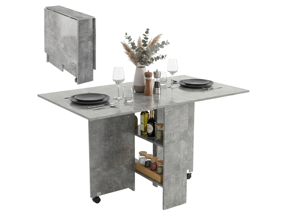 Mesa de Jantar Dobrável com Prateleiras. Aba e Rodas. Concreto Cinza