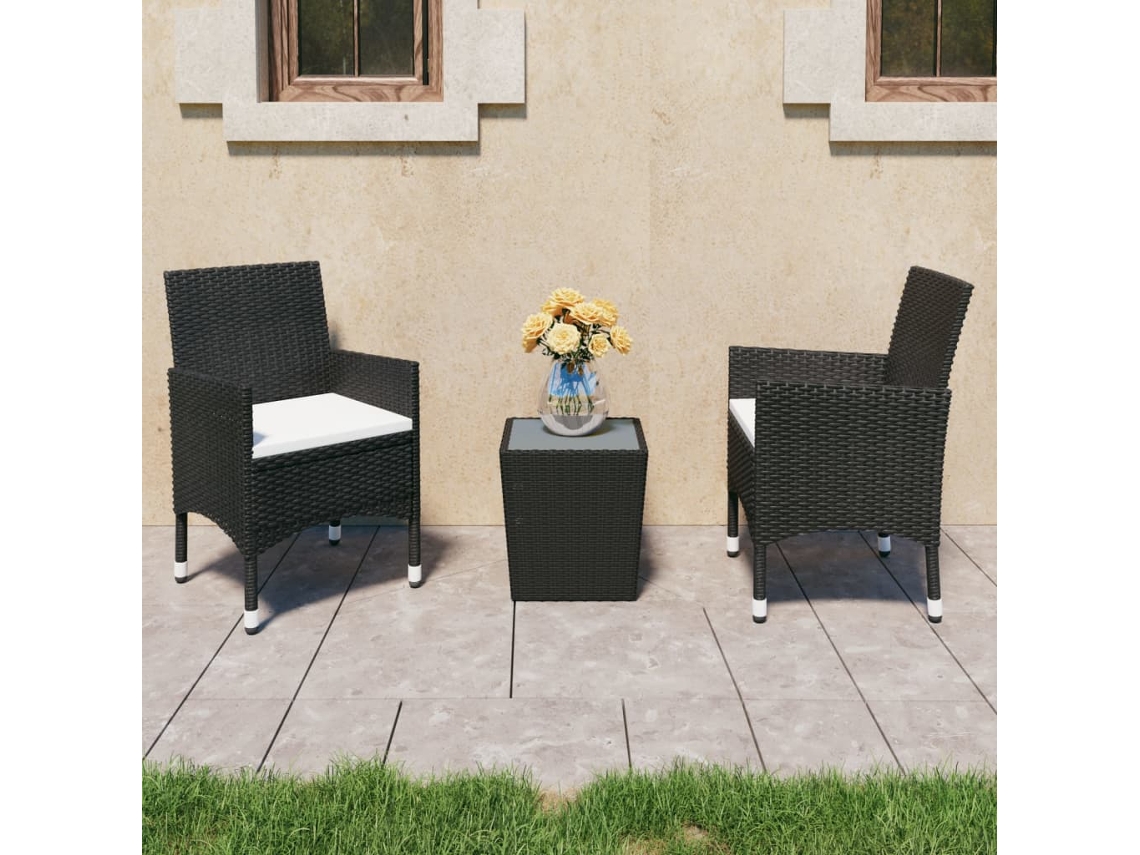 Conjunto 3 Peças Bistrô Vime Pe E Vidro Temperado Preto Dkd Home Decor