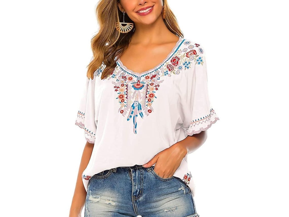 2026 blusa Étnica de Manga Curta para Mulher com Bordado Tradicional de Penas e Flores