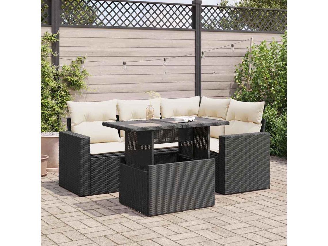 Vidaxl 5 Pcs Conjunto Sofás De Jardim Com Almofadões Vime Pe Preto