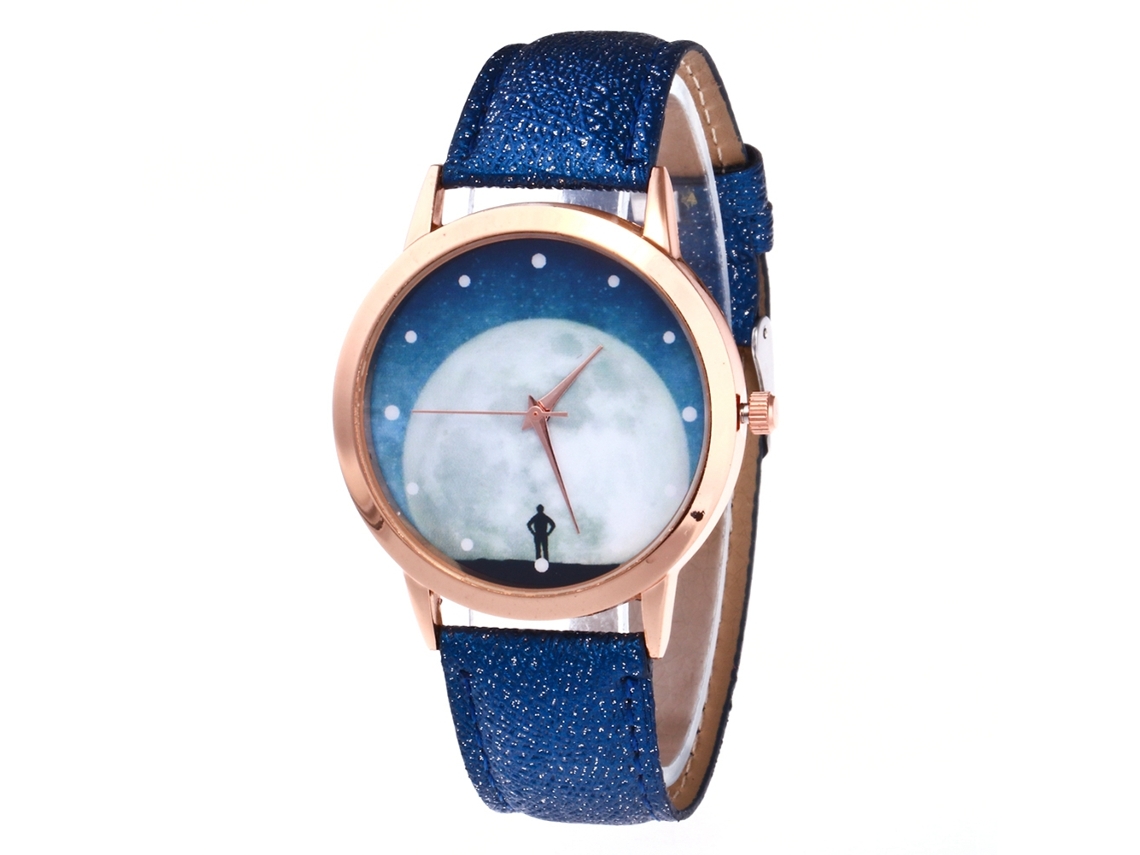 Relógio de quartzo unissex com pulseira de couro PU, mostrador azul escuro com céu estrelado, Zhoulianfa
