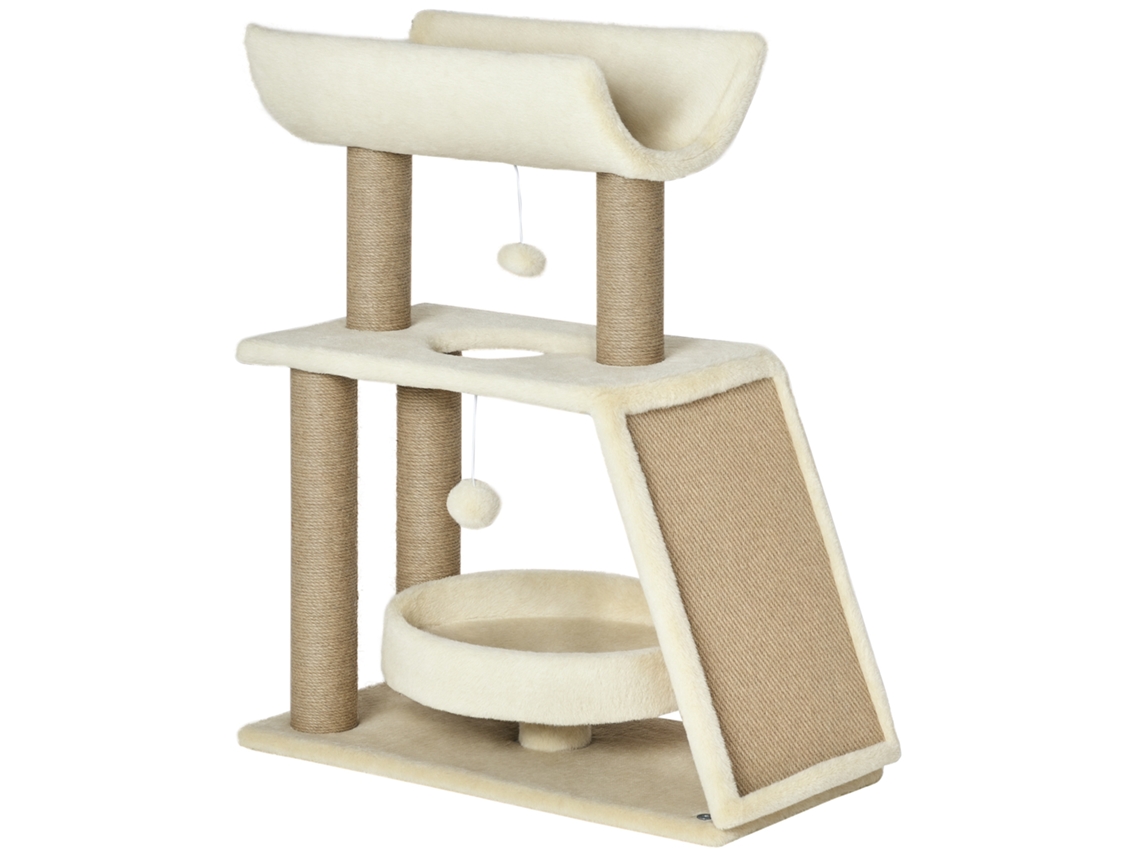 Árvore para Gatos 60x30x76cm, com Postes para Arranhar, Plataformas, Cama e Bola Pendurada, Marrom Claro ESSÊNCIACASA